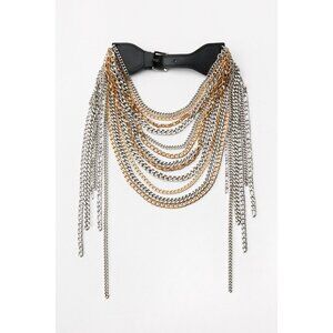 Zara Gold Silver Multi Chain Heavy Black Faux Leather Belt READ ME 4736/314/808